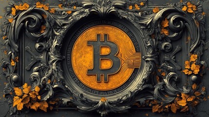 Ornate Bitcoin symbol surrounded by intricate floral and leaf designs, blending metallic and earthy tones beautifully