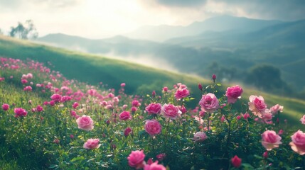 Obraz premium Pink Roses Blooming in a Lush Green Meadow with Mountain Background