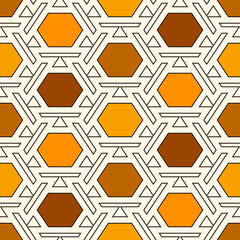 Contemporary honeycomb geometric pattern. Repeated hexagon ornament. Modern mosaic tiles background. Seamless surface abstract design. Geo wallpaper. Digital paper, textile print. Vector illustration