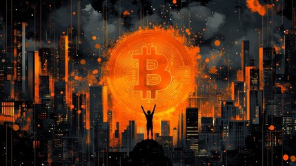 Person stands triumphantly before a large glowing Bitcoin symbol amidst a futuristic cityscape, with bright orange accents