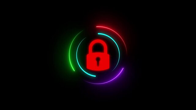 Digital padlock icon with neon circular lines animated on a black background.