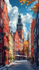 Picturesque European street features colorful buildings, ornate clock tower, outdoor café, cobblestone path, under clear blue sky and fluffy clouds