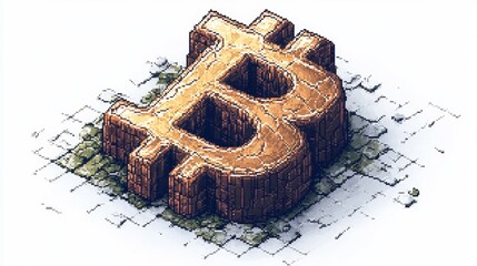 Pixel art depiction of a large, raised Bitcoin symbol resembling stone or bricks on a tiled surface