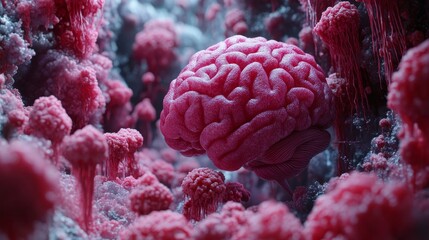 Pink brain surrounded by abstract, red, coral-like structures, creating a surreal and organic landscape