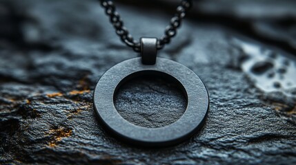 Round black metal pendant on a chain, placed on a textured, rough, and dark stone surface