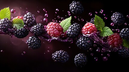   A bountiful collection of red and black raspberries adorning a leafy branch against a shadowy backdrop, with dewdrops glistening on the foliage