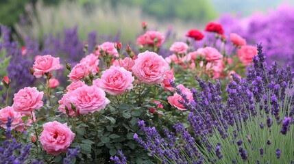 Obraz premium Pink Roses and Purple Lavender Blossoms in a Garden