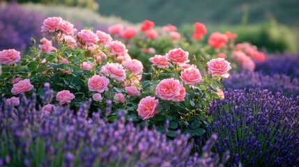 Obraz premium Pink Roses and Purple Lavender in a Garden