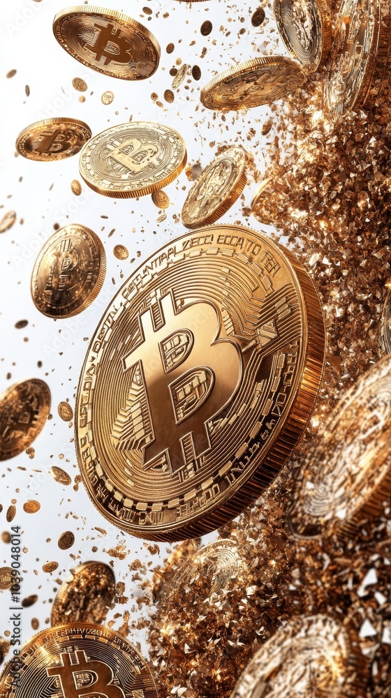 Poster Shows multiple golden Bitcoin coins floating amidst a field of shimmering particles, creating a dynamic, futuristic scene