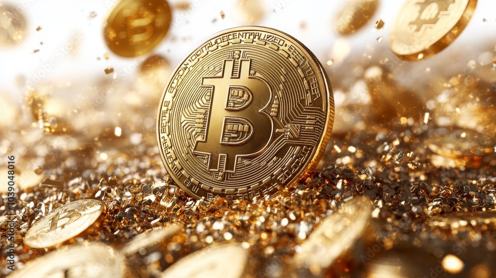 Aufkleber shows multiple golden bitcoin coins surrounded by sparkling particles, symbolizing wealth and the di