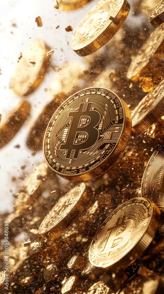 Poster shows multiple gold bitcoin coins seemingly floating in the air, surrounded by golden particles and 