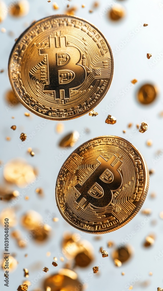 Poster shows several golden bitcoin coins floating amidst gold particles, symbolizing digital currency and 
