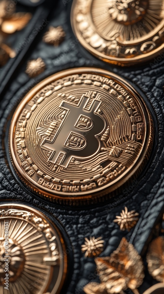 Poster shows several gold-colored bitcoin coins with intricate designs, placed on a dark textured backgroun