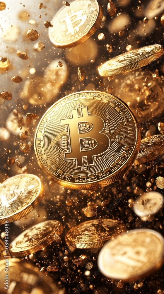 Aufkleber shows several golden bitcoins floating amidst a dynamic, shimmering background, emphasizing a digita