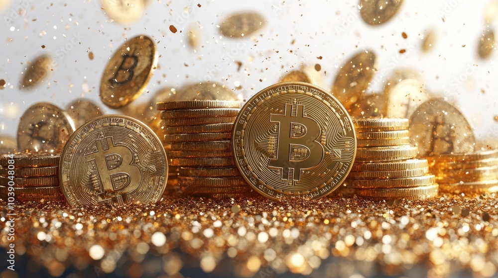 Poster shows stacks of gold bitcoin coins surrounded by sparkling particles, emphasizing the concept of cry