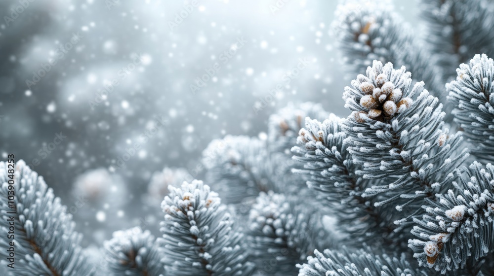 Poster snowy, close-up view of evergreen tree branches covered in frost, with softly falling snowflakes cre