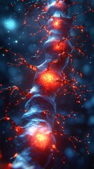 Stylized neural network with branches and glowing synapses, set against a blue, abstract background