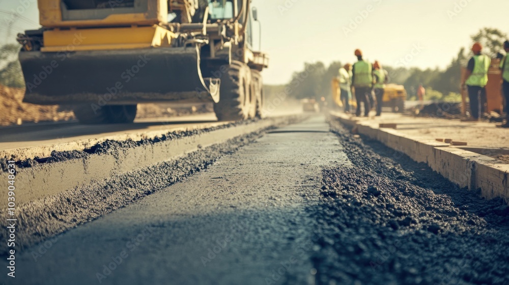Poster a detailed image of a concrete pouring operation at a highway construction site with workers and hea