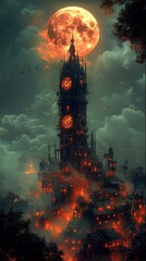 Towering, illuminated clock tower stands against a fiery full moon backdrop, surrounded by glowing windows and silhouetted trees