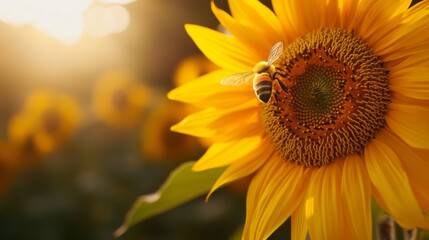 Obraz premium A Honeybee Gathers Pollen on a Sunflower in Sunlight