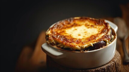    a casserole close-up on a wooden table with a spoon against a dark background is optimal for visual appeal