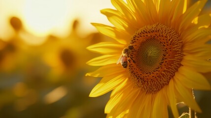 Naklejka premium A Bee Gathering Pollen on a Sunflower in a Field of Sunflowers