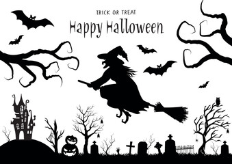 Happy Halloween black and white background.  Vector Illustration with  witch, spiders, flying bats and pumpkins. Trick or Treat.