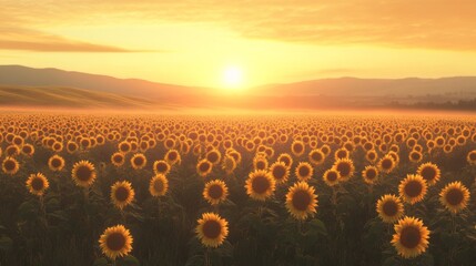 Obraz premium Sunflowers in a field at sunset with mountains in the background
