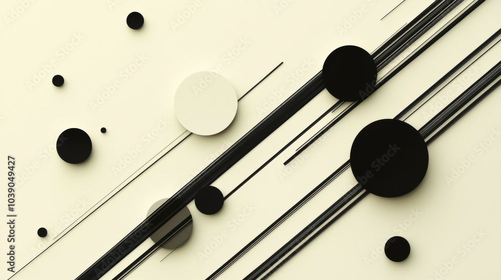Poster A design showcases black diagonal lines crossing a light background, complemented by circles of different sizes, reflecting minimalism. Generative AI