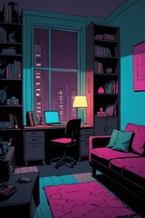 Illustration of a night living room with a view of the city