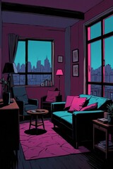 Luxury living room with night city view. Vector illustration.