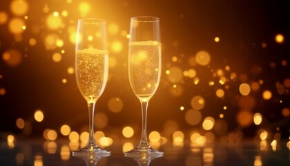 Trendy New Year's background. Celebratory Sparkling Champagne Glasses Toasting Against Golden Bokeh Background