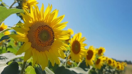 Obraz premium Close-up of a Vibrant Sunflower with a Blurred Background of Other Sunflowers and a Clear Blue Sky