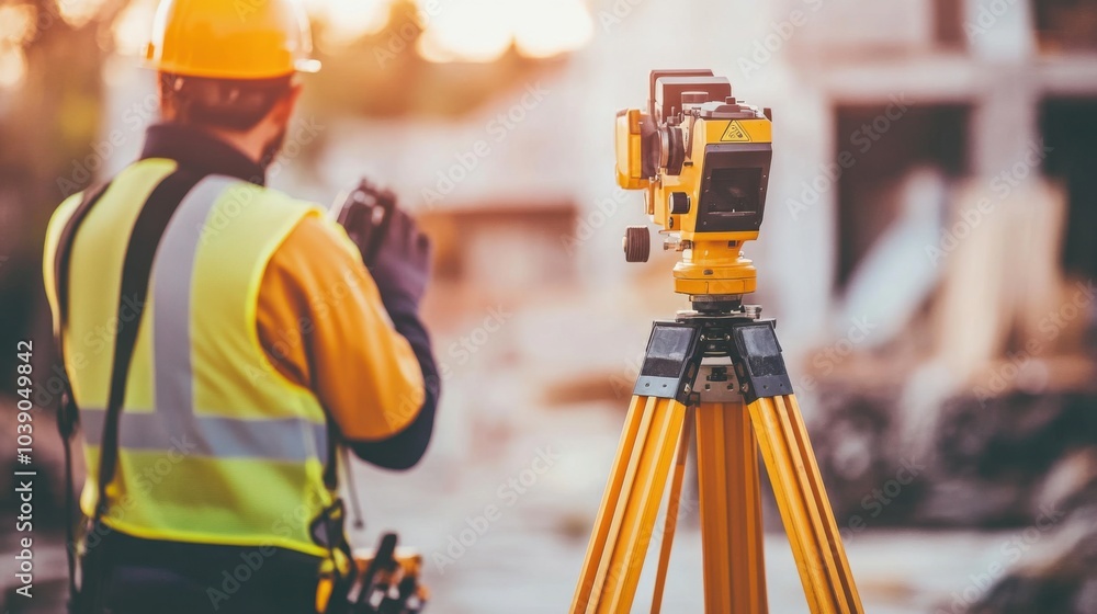 Poster A detailed image of a surveyor using a theodolite to measure angles and levels at a construction site, Surveying scene, Precision engineering style