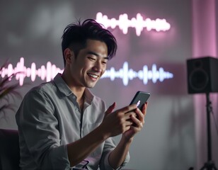 Voice recording and voice search concept.Sound recording or voice search with ai, speaker, music, voice message,assistance and marketing.Person using smartphone with virtual microphone.