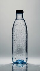 Plastic bottle with water on a gray background. Plastic bottle with water drops.