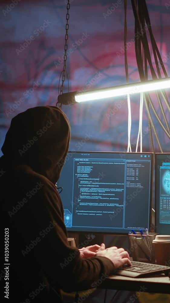 Poster vertical video hacker arrives in messy base of operations with neon lights and graffiti drawings spr