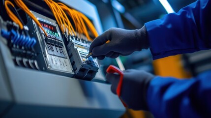 A detailed image of an engineer inspecting electrical systems in a newly constructed industrial plant, Electrical inspection scene, Technical expertise style