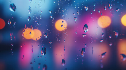 water droplets on glass, with colorful light refractions and soft focus in the background