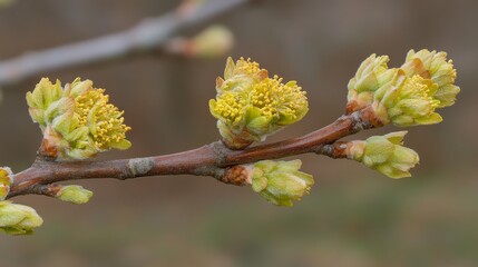 Branch with Blooming Buds and New Leaves
