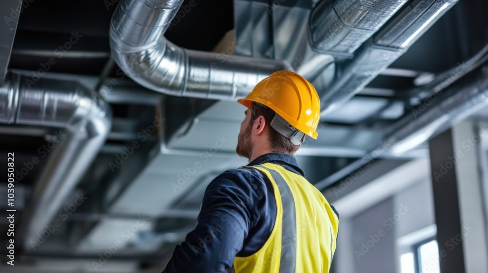 Aufkleber a detailed image of an engineer inspecting the installation of mechanical systems in a newly built h