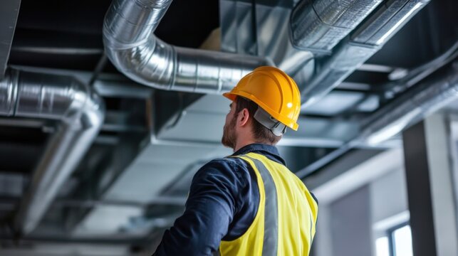 A detailed image of an engineer inspecting the installation of mechanical systems in a newly built hospital, HVAC installation scene, Technical inspection style