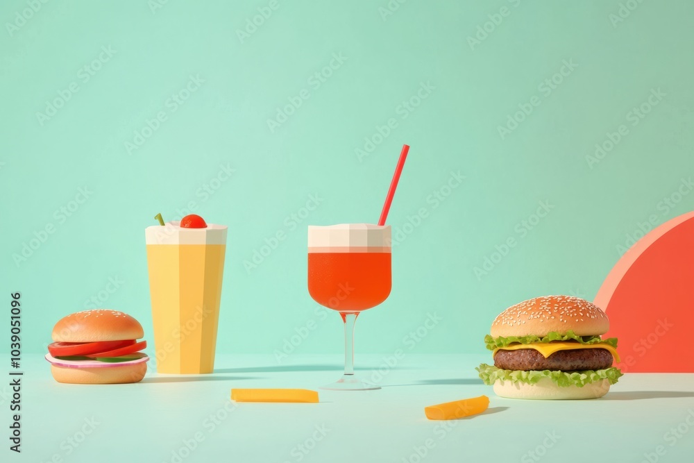 Poster Savor burgers and colorful drinks arranged neatly on a simple background, creating a bright and inviting dining experience. Generative AI