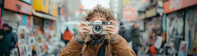A man is taking a picture of a busy street with a camera