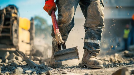 A detailed shot of a construction worker using a jackhammer to break concrete at a demolition site, Demolition work scene, Controlled chaos style