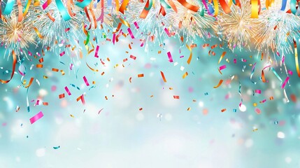 Fototapeta premium Colorful streamers of confetti and streamers streaming streamers on a blue background