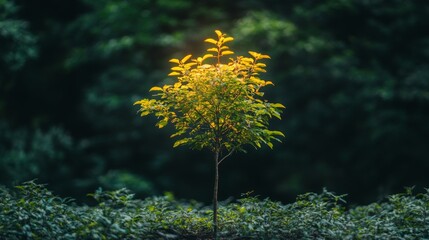 A Small Tree Bathed in Sunlight Emerging From a Dark Forest