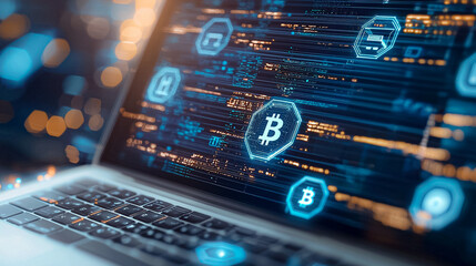 A laptop screen shows a blue screen with a bunch of different symbols