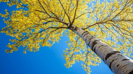 Fototapeta premium Low-Angle View of a Birch Tree with Yellow Blossoms Against a Blue Sky