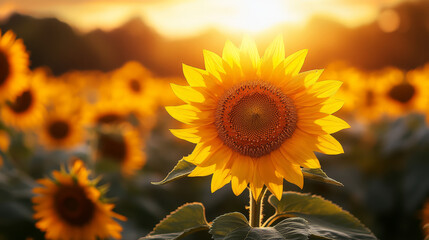Fototapeta premium sunflower field at sunset, a single sunflower in sharp focus while the others are softly blurred, golden hour light casting a warm glow on the petals